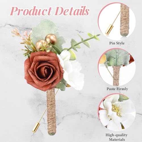 Crowye 16 Pcs Boutonniere for Men Wedding with Pins Set Groom and Groomsmen Ceremony Anniversary Corsage Wedding Flowers Artificial Bouquets for Formal Dinner Party Fall Vintage Prom (Dirty Orange) - color: Dirty Orange