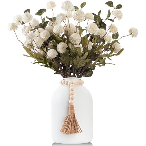 20''H Fake Flowers in Large Vase for Centerpiece Table Decorations with 10Pcs Fake Mums Flowers Eucalyptus Stems Faux Pompon Kiku Flowers Arrangement for Home Decor (White/White Vase) - color: White/White Vase