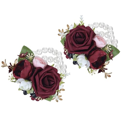 Rinlong 2Pcs Burgundy Wrist Corsage for Wedding, Prom, Homecoming | Bridesmaid Wristlet, Mother of the Bride Flower Corsage - color: 09-burgundy