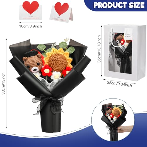 Graduation Crochet Flower Bouquet Set Includes Knitted Bear Knitted Sunflower Daisy Eucalyptus Greeting Card Gift Bag 2026 Black Flower Bouquet Graduation Gift - color: Black, style: Knitted Bear and Sunflowers