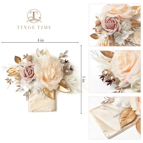 TINGE TIME Luxury Groom Boutonniere for Wedding, 1 PCS Pocket Boutonniere for Men, Artificial Corsage for Wedding, Prom, Homecoming, Anniversary, Graduation, Christmas Dinner (Champagne&Pink) - color: Champagne&pink