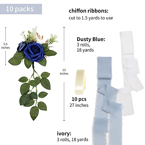 Wedding Aisle Decorations for Wedding Ceremony Set of 10 Pew Flowers for Church Chair Decorations Party Decor with Artificial Flowers Eucalyptus and Ribbons Blue - color: Blue