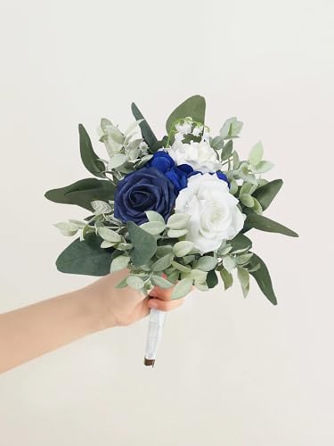 Rinlong Navy Blue Bridesmaid Bouquet for Wedding, Prom, Homecoming | Silk Bridal Bouquet, Destination Friendly - color: 21-blue & Sage