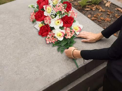 Briful Artificial Flowers for Cemetery, Cemetery Flowers for Grave, Weather Resistant Cemetery Flowers for Vase, Large Sympathy Grave Floral Arrangement with Peonies Lily Silk Flower - color: Red, size: 25.9 in. Cemetery Flowers Bouquet