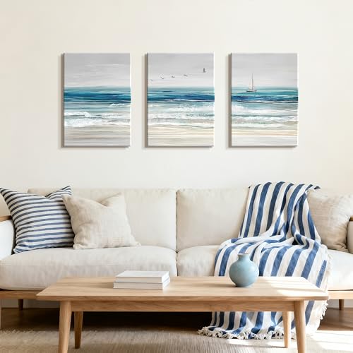 WENGTIAO Abstract Ocean Wall Art Set of 3 Blue Beach Canvas Paintings Minimalist Coastal Prints Pictures Sail Boat Home Decor Seascape Artwork for Living Room Bedroom Hallway 12”x16”x3Pcs - color: Abstract Blue Ocean, size: 12"x16"x3Pcs