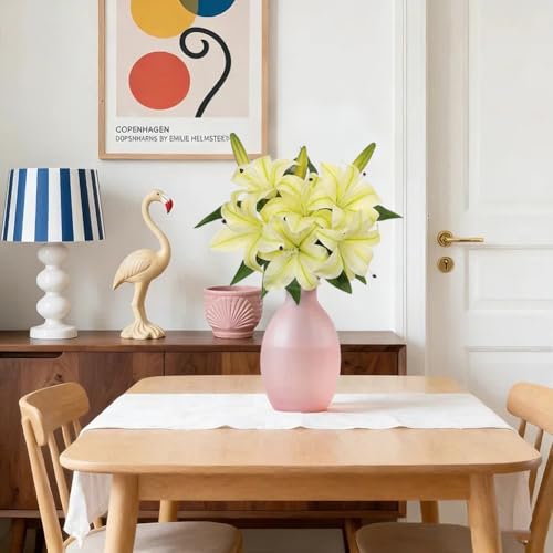 Artificial Tiger Lily Silk Flowers - 3 Pcs Faux Lily Flower 14.9" Fake Lilies Bouquets Faux Stargazer Lilies Stem with 6 Heads & 3 Buds for Indoor Outdoor Home Table Wedding Decor (Creamy Yellow) - color: Creamy Yellow&green