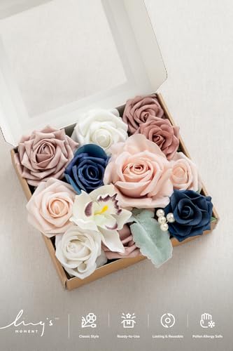 Ling's Moment Fake Flowers Box, Faux Artificial Greenery Stems Foam Roses Silk Orchid Fabic Flower for Centerpieces Bouquet Wedding Table Floral Vase Bridal Shower Party, Dusty Rose & Navy, Mini Combo - color: Dusty Rose & Navy