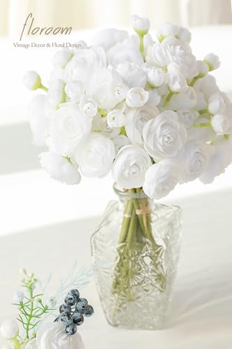 Floroom Ranunculus Artificial Flowers 18 Pcs White Faux Silk Mini Ranunculus Bulk Fake Wedding Filler Flowers for DIY Bouquets, Centerpieces, Bridal Shower Decorations & Arrangements - color: White