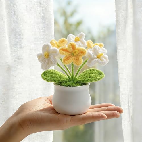 LAIDANLA Crochet Flowers Forget Me Not Gradient Yellow Handmade Crochet Flower Potted Plant for Desk, Anniversary Graduation Appreciation Birthday Small Gifts for Women Teacher Mom Coworker Friend - color: Ombre Yellow