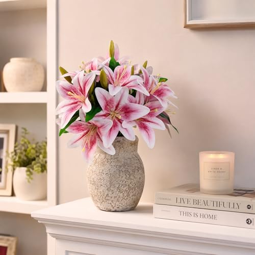 ATFL Artificial Lilies Flowers,9 Pcs Faux Lily Flowers,16''Tiger Lily Branches with 2 Full Blooms and 1 Bud,Faux Fake Lilies Plants for Wedding Bouquet Floral Arrangements (9, Light Pink) - color: Light Pink