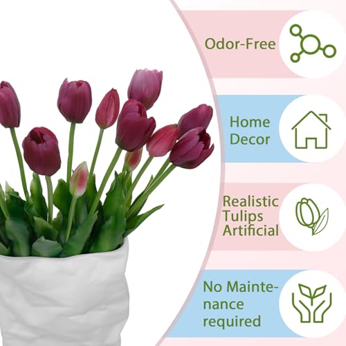 15 Pcs Deep Purple Artificial Tulips Fake Flowers, Premium Latex Lifelike Texture, UV Resistant Waterproof Faux Tulip Bouquets with Snap-on Petals for Outdoor, Home, Wedding Decor - color: Deep Purple