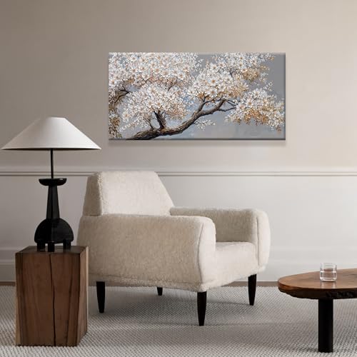 Modern Wall Art Decor White Flowers On Tree Artwork For Walls Decor Ready To Hang Pictures For Bedroom Wall Decor Living Room Office Kitchen Bathroom Canvas Prints 20x40 Inch - color: White Brown, size: 40"L x 20"W