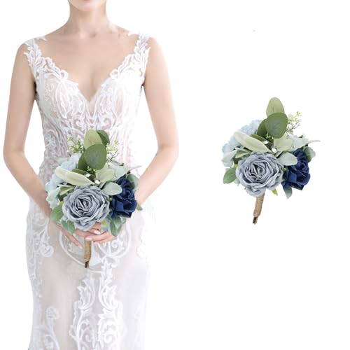 Wedding Artificial Bridesmaid Bouquet - 7 Inch Pre-Made Silk Bridesmaids Flowers Bouquet Small Bridal Bouquet for Bridesmaid for Rustic Vintage Wedding Ceremony Anniversary -Navy Blue - color: Blue, size: 1pcs Bouquets