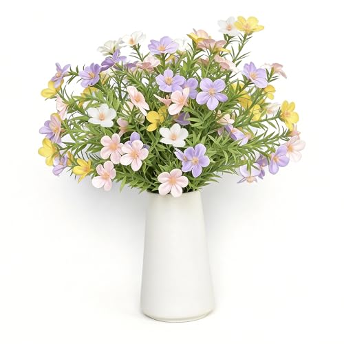 Artificial Gypsophila Baby's Breath Flowers in 6 Inch White Ceramic Vase with Faux Cosmos Arrangement, Farmhouse Table Centerpiece for Home Office Desk Décor, Mixed Color (White Pink Purple Yellow) - color: Mixed
