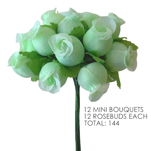 Mint Green Artificial Silk Flower Roses - 12 Mini Bouquets of 12 Rosebuds, 144 Rosebuds Total, St. Patrick's Day, St. Paddy's Day, Gift Wrapping, Wreaths, Bows, Present, Wedding, Reception, Wreath - color: Mint Green