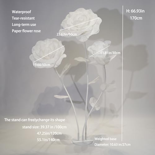 Oversized White Roses Giant Artificial Flowers for Decoration with Stand,Large Paper Rose Sculpture for Wedding,Party,Retail Window Display,Photo Prop,Commercial & Event Decor - color: White