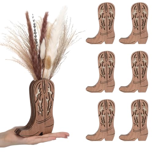 LemonRoad Wooden Cowboy Boot Vases for Wedding 6 x 4'' Small Cowboy Boot Flower Vase for Flower Faux Greenery Rustic Western Decor for Table Centerpiece Weddings Party(Classic,Brown,6 Pcs) - color: Brown, size: Classic