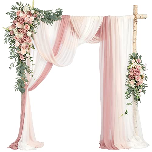 Ling's moment Deluxe Wedding Arch Flowers with Sheer Drapes Kit - Artificial Pink and White Floral Arrangements for Ceremony Backdrop, Arbor Decor, 5-Piece Set (2 Flower Stems + 3 Hanging Drapes) - color: Pk-dusty Rose & Cream