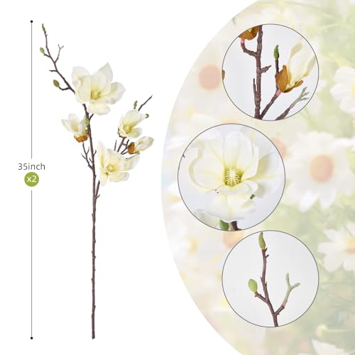 2 PCS 35inch Artificial Magnolia Flowers 3D Real Touch 10 Heads Faux Magnolia Flowers Realistic Long Stem with Green Leaves for Home Wedding Table Office Floral Arrangement Decoration (White) - color: White, size: 2 PCS