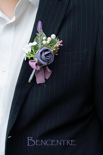Purple Boutonniere for Men,Lavender Prom Boutonnieres,Groom and Groomsmen Boutonniere for Wedding Ceremony Anniversary, Formal Dinner Party and Grad Night (Set of 6) - color: Purple, size: set of 6
