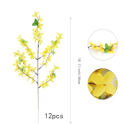 12Pcs Artificial Silk Forsythia Flower Branches Jasmine Flowers Yellow Silk Fake Winter Jasmine Orchids Flowers for Indoor Outdoor DIY Floral Arrangement Wedding Party Home Office Decorate - color: Yellow-12