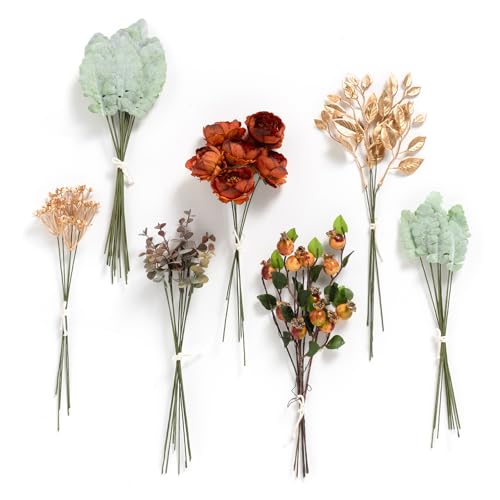 Ling's moment Artificial Greenery Stems Box Set, 53pcs with 7 Kinds of Faux Greenery Picks for DIY Bridal Bouquets Wedding Floral Arrangement Table Centerpieces, Terracotta & Green - color: Or-terracotta & Green