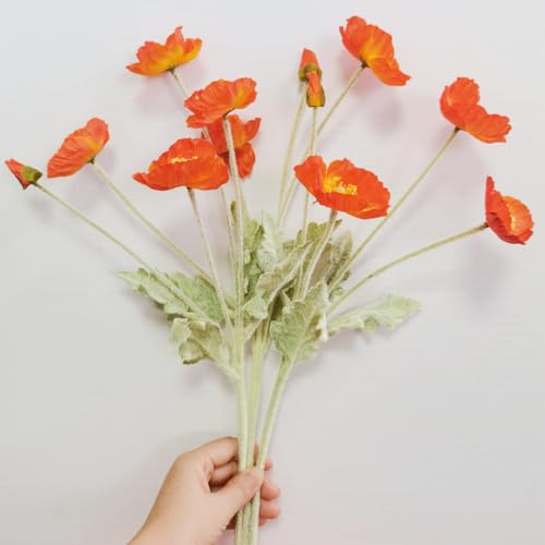 Poppy Flowers Artificial， Poppy Silk Flowers with Stems，Ranunculus Artificial Flowers，Faux Flower Stems for Wedding,Party, Outdoor Indoor Decor flower arrangements for table (3, Orange Red) - color: Orange Red