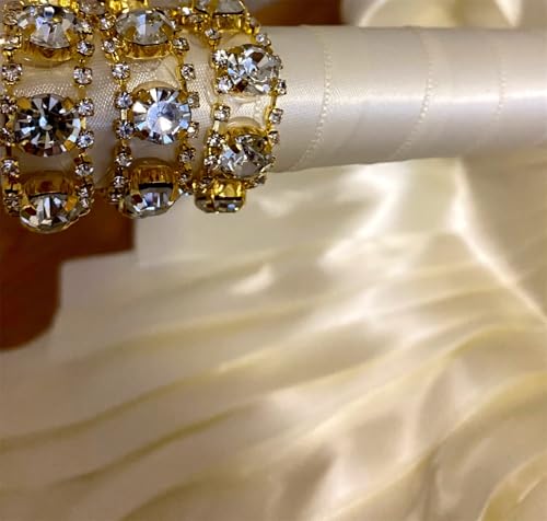 Handmade Satin Rose Water Drop Bridal Bouquet,8.7inch Crystal Wedding Round Tossing Bouquet,Jewelry Proposal Bridesmaid Bouquet Groom Corsage Bride Wrist Flower Ivory (07#Ivory Navy Gold) - color: 07#ivory Navy Gold