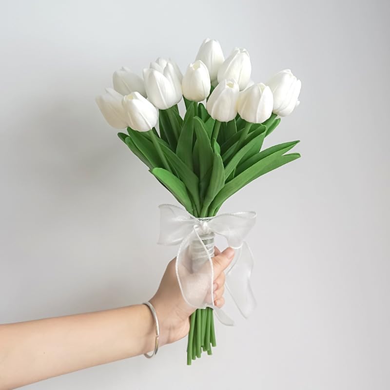 Artificial Flowers Tulips Fake Flowers Real Touch Latex Tulips Faux Flowers Bouquet for Wedding Party Arrangements Home Decor and Baby Shower Centerpieces (10, White) - color: White