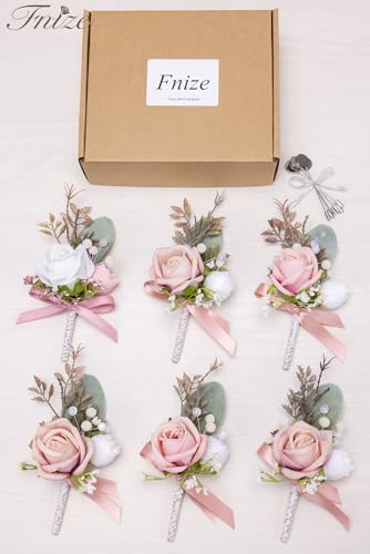 Fnize Pink Boutonniere for Men, 6 Pcs Groom Groomsmen Boutonnieres, Artificial Flowers for Wedding Prom Homecoming - color: Pink