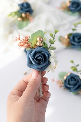 Boutonniere for Men Wedding, Groom Groomsman Artificial Rose Flowers for Wedding Anniversary Celebration,Prom,Party,Home Decoration Set of 2 (Navy Blue) - color: Navy Blue