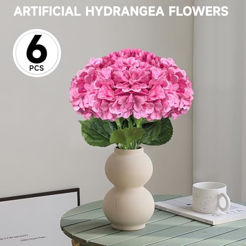 6 PCS Artificial Hydrangea Flowers, Faux Silk Hydrangea with Long Stems, Home Wedding Decor, Table Centerpieces, Party Decorations (Peach Red) - color: Peach Red