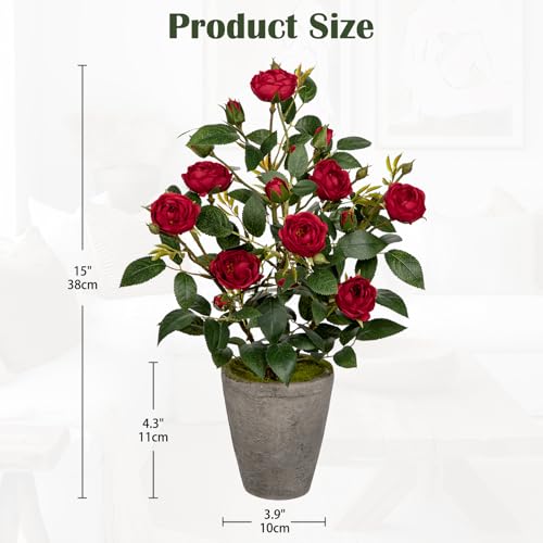 Hollyone Artificial Flower Plants Camellia Red Roses Faux Potted Plant with Cement Pot Fake Silk Flower Rose Camellias Flower Arrangement Office Home Decor Bathroom Shelf Desk Decoration 15 Inch - color: Red