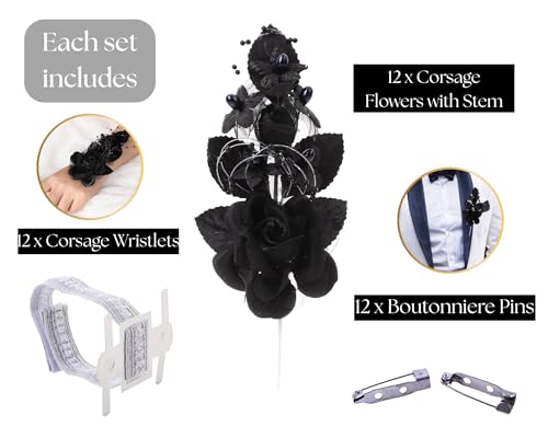 Set of 12 Artificial Silk Organza Craft Rose Flower, 12 Corsage Wristlet, 12 Pin Back DIY Boutonnieres for Wedding, Bridesmaids, Groomsmen, Quinceanera, Prom, Sweet 16 (Black) - color: Black