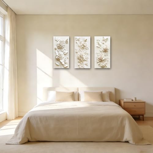 SWQYLB 3 Panel Flower Wall Art 3D Relief Floral Canvas Painting Abstract Butterfly & Rose Pictures Prints White & Beige Textured Decor for Home Framed (Beige, 16x8inchx3 Pieces) - color: Beige, size: 16x8inchx3 Pieces