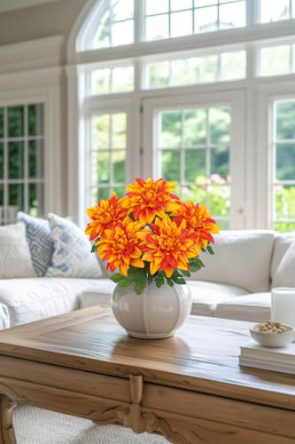 Hollyone Orange Artificial Dahlia Flowers Bush Fake Fall Flowers Artificial for Decoration Outdoor Indoor 7 Heads Silk Faux Dahlias Flower Bouquets Arrangements Centerpieces Fall Decorations for Home - color: Orange