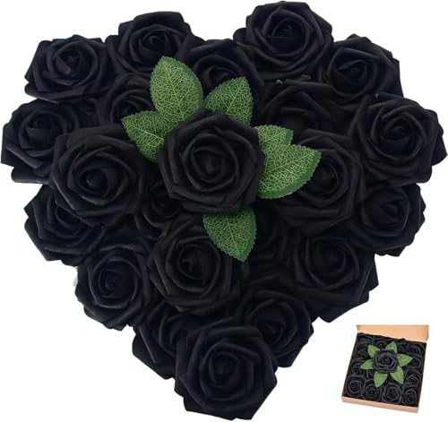 [25PCS] Isquene Black Roses Artificial Flowers with Long Stem Real Touch Fake Foam Roses for Decoration DIY Wedding Bouquets Centerpieces Bridal Shower Mothers Day Party Flower Arrangements Home Decor - color: Black