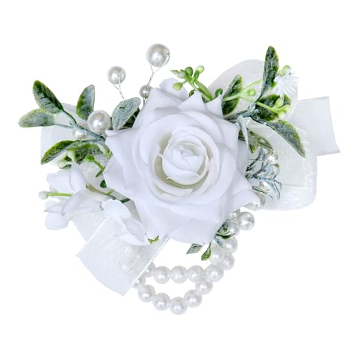 Wrist Corsage for Wedding Bride Bridesmaids Women Girl Artificial White Rose Flower Pearl Wristband Wrist Corsage for Wedding Prom Party Homecoming Ceremony Anniversary White Rose Corsage - color: White Rose Corsage