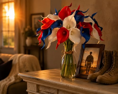 Artificial Calla Lily Flowers, Real Touch Red White and Blue Fake Calla Lilies, Patriotic Floral Centerpieces for 4th of July Decorations, Memorial Day Grave Cemetery Decor (12 Pcs) - color: Independence Day
