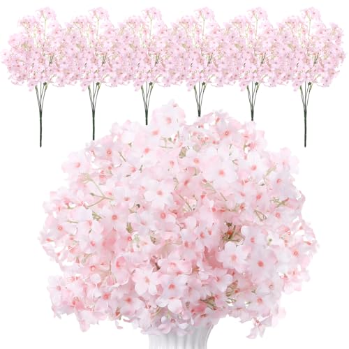 6 Pcs Artificial Cherry Blossoms 14 Inches Fake Silk Pink Sakura Peach Flowers for Vase, Spring Realistic Faux Flowers for Women Gifts, Home Table Decor Wedding Bouquet Centerpieces