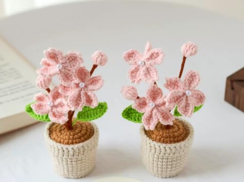 2 Pieces Mini Crochet Cherry Blossoms Potted Plants, Handmade Knitted Fake Cherry Blossom Flower with Planter for Bathroom Home Kitchen Rustic Table Centerpiece Decor, Pink - color: Pink