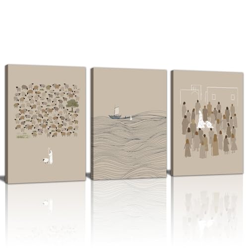 WENGTIAO 3Pcs Christian Wall Art Jesus Canvas Art Prints Beige Bible Sketches Painting Pictures Inspirational Scripture Artwork Religious Wall Decor for Living Room Church Prayer Room 12”x16”x3 - color: Jesus Bible Story, size: 12"x16"x3Pcs