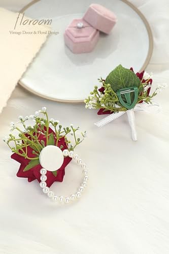 Floroom Burgundy Rose Wrist Corsage Wristlet Band Bracelet and Men Boutonniere Set for Red Wedding Flower Accessories Prom Suit Decorations - color: Burgundy