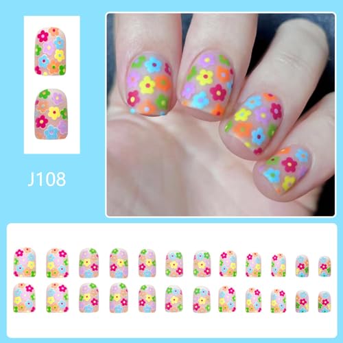 Flower Press on Nails Short Square Fake Nails Nude False Nails with Cute Colorful Flowers Designs Full Cover Stick on Nails Glue on Nails Nails Acrylic Nails for Women Girls 24 Pcs - color: Flower Square36