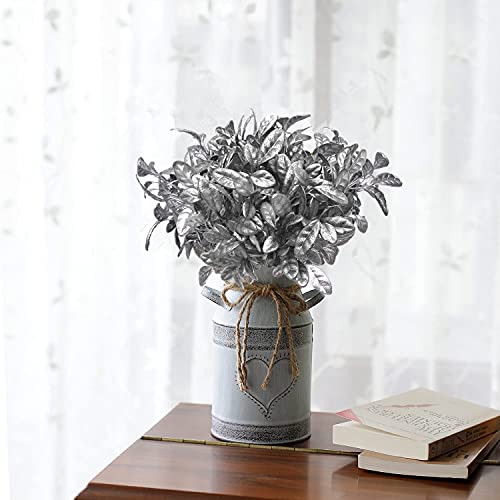 CATTREE Artificial Silver Leaves Christmas Plants 4 Pack, Plastic Leaf Bouquet Faux Gold Plant Fake Shrubs Simulation Bushes for Wedding Hall Table Centerpieces Floral Arrangement Filler DIY Décor - color: Silver Leaves Round Edge- 4 Pcs