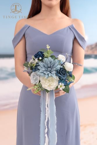TINGE TIME 7inch Wedding Bouquets for Bridesmaid, Artificial Flowers Cascading Bridal Bouquet for Wedding (DarkBlue, Set of 4) - color: Darkblue