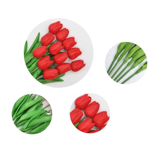 Artificial Tulips 10Pcs Real Touch Fake Tulips PU Flower Arrangement Bouquets for Home Party Decoration (Red) - color: Red