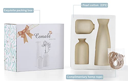 CEMABT Beige Ceramic vase Set-3 Small Flower vases for Decor,Modern Boho Farmhouse Home Decor,Decorative vase for Pampas Grass&Dried Flowers,idea Shelf,Table,Bookshelf ，Entryway- Distressed - color: 3set-beige