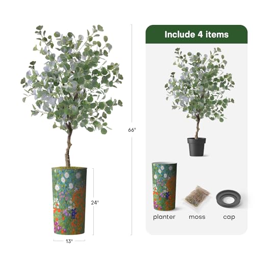 Artificial Tree in Colorful Flower Pattern Planter, Fake Eucalyptus Silk Tree for Indoor and Outdoor Home Decoration - 66" Overall Tall (Plant Pot Plus Tree) - style: Eucalyptus Tree
