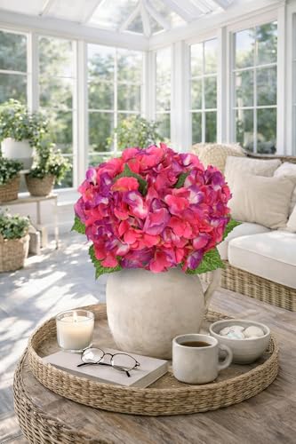Hollyone Rose Red Hydrangea Artificial Flowers 6pcs Large Real Touch Faux Hydrangeas Silk Flowers Bouquets Fake Flower with Stems for Home Decor Indoor Wedding Kitchen Centerpiece Table Decorations - color: Rose Red